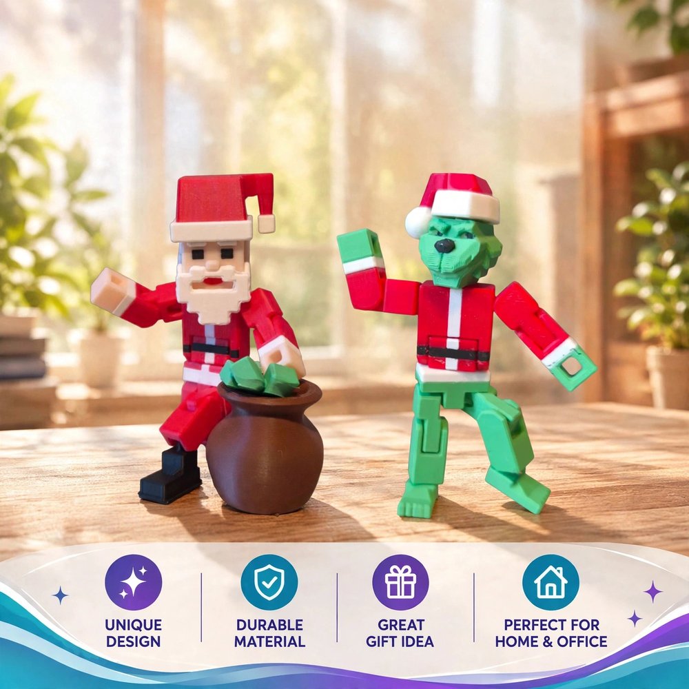Articulated Christmas Santa, Grinch in Pixel Style — 3D Printed