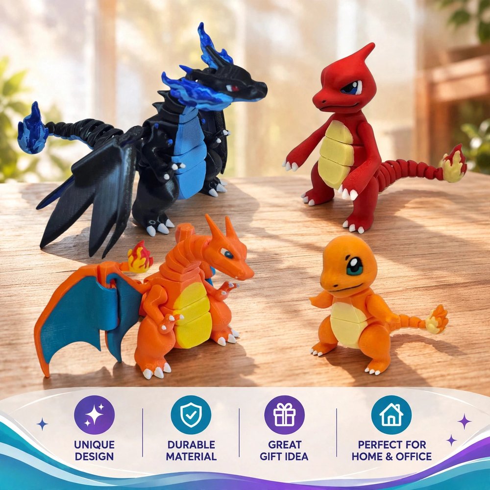 Articulated Charizard, Mega Charizard X, Charmeleon, Charmander - 3D Printed Flexi Toy