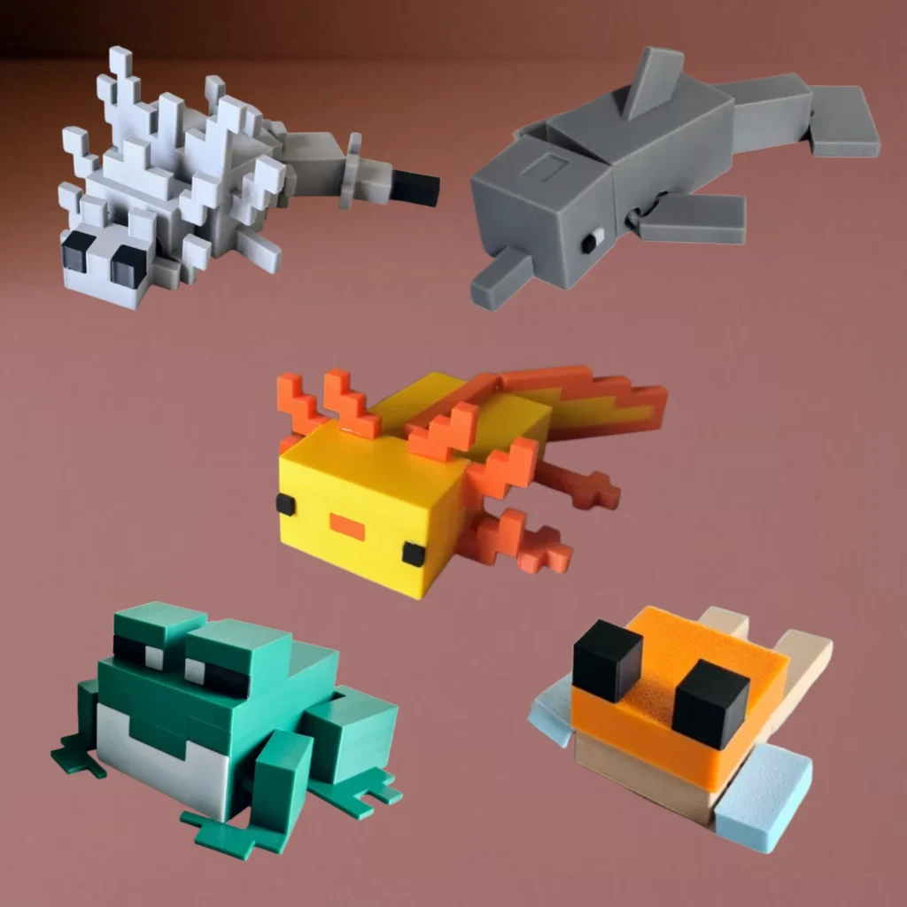 Flexi Axolotl, Frog, Silverfish, Pufferfish, Dolphin — Minecraft 3D Printed Flexi Figures